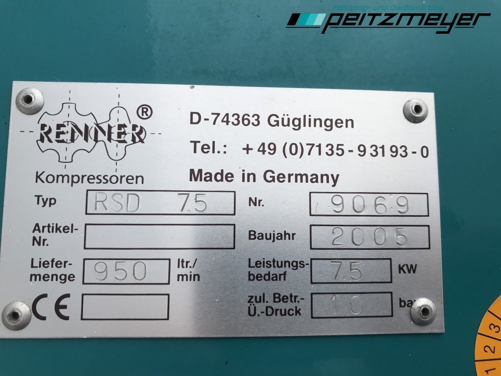 Õhukompressor Renner Kompressor RSD 7.5 10 bar / 950 L pro Min. / 7,5 KW: pilt 14