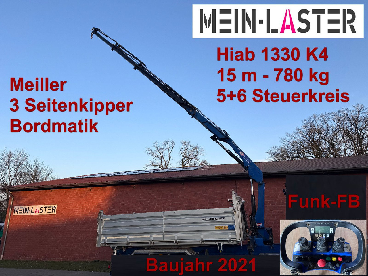MAN Aufbau Meiller Bordmatik + HMF 1330 K4 15m Funk - Kallurauto, Kraanaga veoauto: pilt 1 MAN Aufbau Meiller Bordmatik + HMF 1330 K4 15m Funk - Kallurauto, Kraanaga veoauto: pilt 1