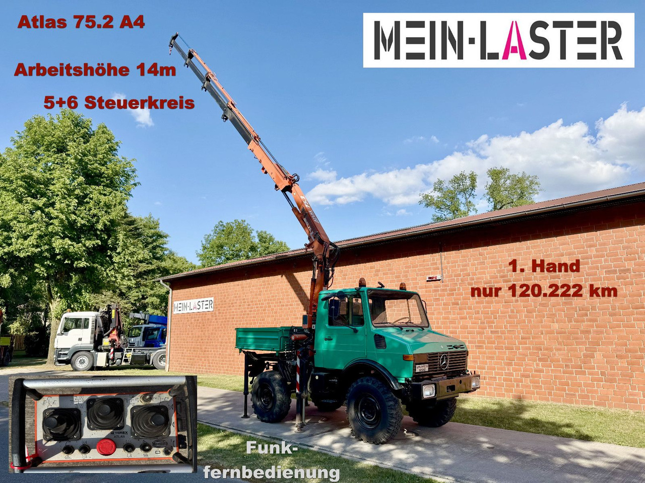 Unimog U 1200 Atlas 75.2 Kran 14 m Funk FB *1. Hand - Kraanaga veoauto: pilt 1 Unimog U 1200 Atlas 75.2 Kran 14 m Funk FB *1. Hand - Kraanaga veoauto: pilt 1