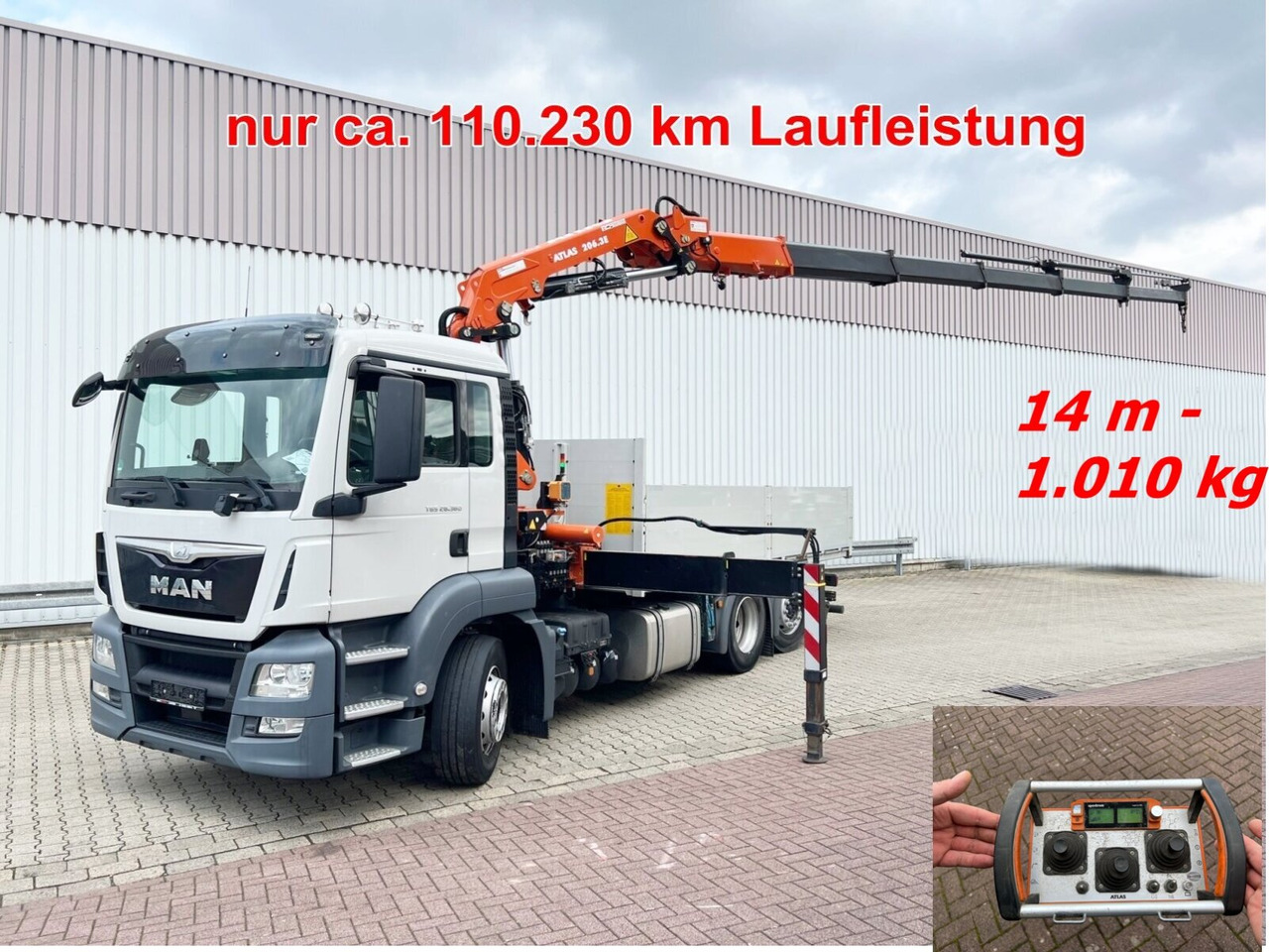 MAN TGS 26.360/400 6x2-4 BL TGS 26.360/400 6x2-4 BL, Lenk-/Lift, Kran Atlas AK 206.3E A5, Funk - Kraanaga veoauto, Madelveok/ Platvormveok: pilt 1 MAN TGS 26.360/400 6x2-4 BL TGS 26.360/400 6x2-4 BL, Lenk-/Lift, Kran Atlas AK 206.3E A5, Funk - Kraanaga veoauto, Madelveok/ Platvormveok: pilt 1
