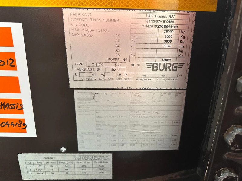 Konteinerveduk/ Tõstukiga poolhaagis Burg 20FT ADR (EX/II, EX/III, FL, AT), Leeggewicht: 3.690kg, SAF INTRADISC, 2x liftaxle, ALCOA, NL-Chassis: pilt 20
