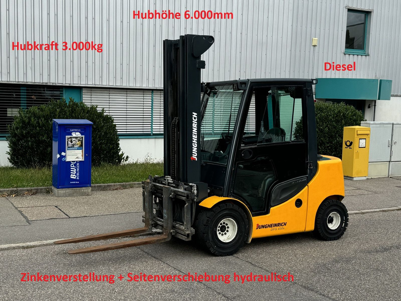 Jungheinrich DFG 430s 600DZ 3t Triplex 6m Zinkenverst. Seiten - Diiseltõstuk: pilt 1 Jungheinrich DFG 430s 600DZ 3t Triplex 6m Zinkenverst. Seiten - Diiseltõstuk: pilt 1