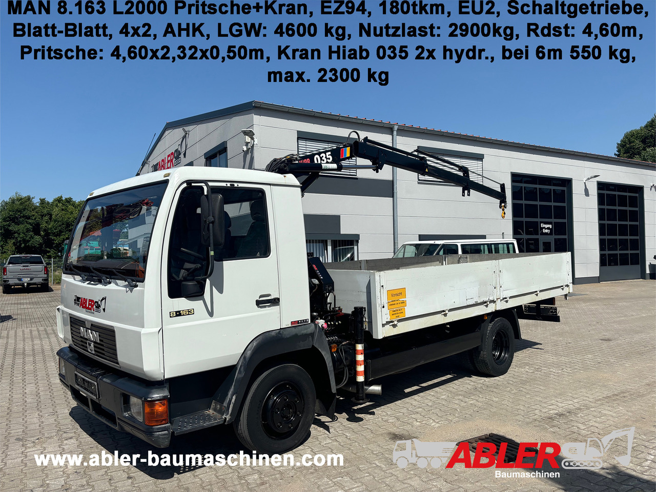 MAN 8.163 L2000 Pritsche+Kran Hiab 035 - Madelveok/ Platvormveok, Kraanaga veoauto: pilt 1 MAN 8.163 L2000 Pritsche+Kran Hiab 035 - Madelveok/ Platvormveok, Kraanaga veoauto: pilt 1