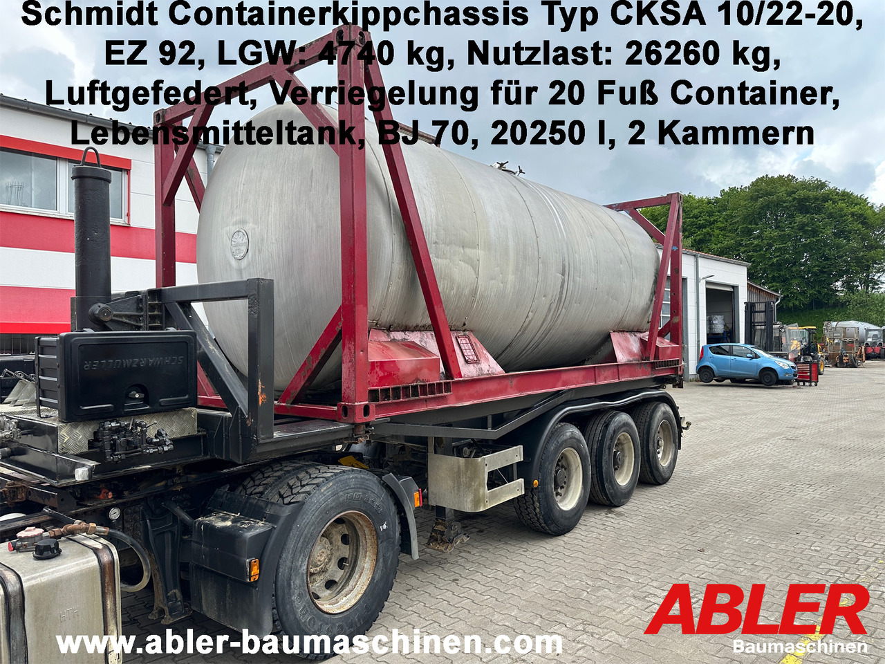Schmidt CKSA 10/22-20 20 ft Containerkippchassis mit Lebensmitteltank - Kallur-poolhaagis: pilt 1 Schmidt CKSA 10/22-20 20 ft Containerkippchassis mit Lebensmitteltank - Kallur-poolhaagis: pilt 1