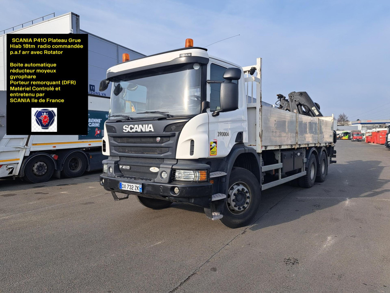 SCANIA SCANIA P410 6x4 Plateau Grue paf - Kabiinišassiiga veoauto: pilt 1 SCANIA SCANIA P410 6x4 Plateau Grue paf - Kabiinišassiiga veoauto: pilt 1