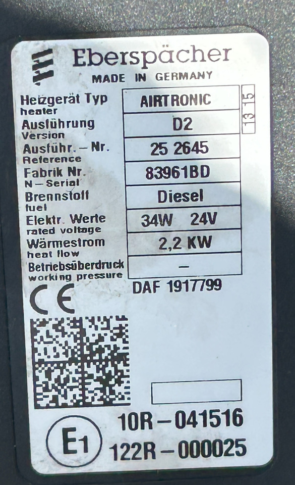 DAF CF EURO 6 WEBASTO AIRTRONIC D2 PARKING HEATER, 2.2 KW - Soojendus/ Ventilatsioon: pilt 2 DAF CF EURO 6 WEBASTO AIRTRONIC D2 PARKING HEATER, 2.2 KW - Soojendus/ Ventilatsioon: pilt 2