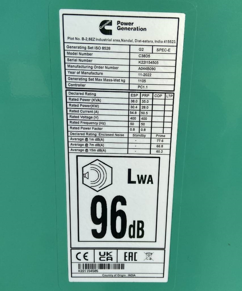 Cummins C38D5 - 38 kVA Surplus genset - DPX-18504 - Generaatorikomplekt: pilt 4 Cummins C38D5 - 38 kVA Surplus genset - DPX-18504 - Generaatorikomplekt: pilt 4