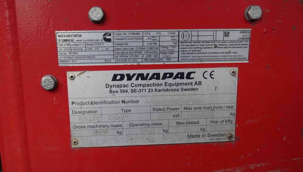 Walec DYNAPAC CA 302D 2011 - 3393 mth - CE - 15,9t - Rullija: pilt 5 Walec DYNAPAC CA 302D 2011 - 3393 mth - CE - 15,9t - Rullija: pilt 5