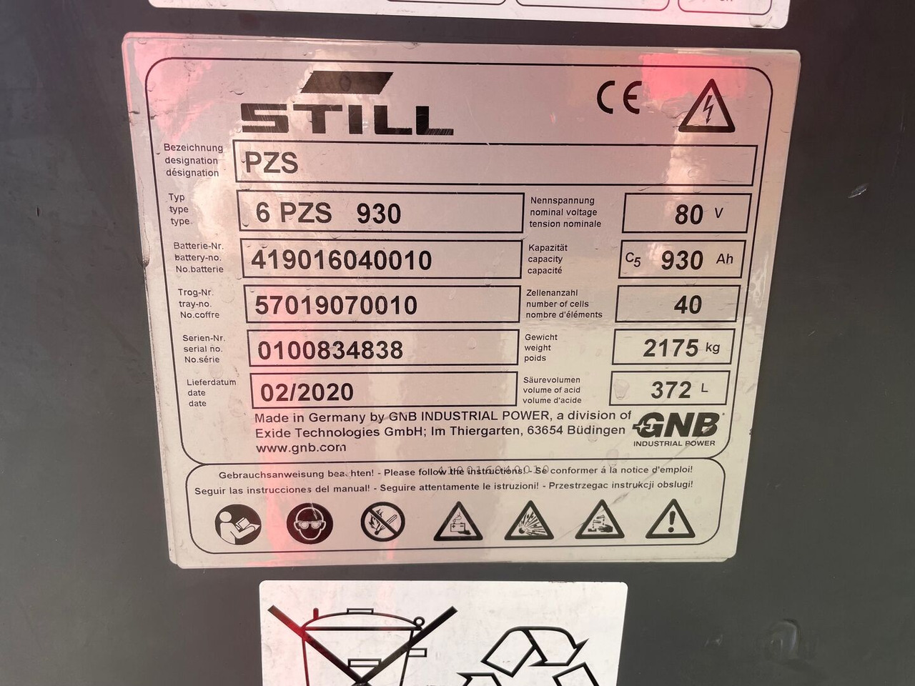 Exide 80V 6 PZS 930 - Aku - Materjali käitlemise seade: pilt 2 Exide 80V 6 PZS 930 - Aku - Materjali käitlemise seade: pilt 2
