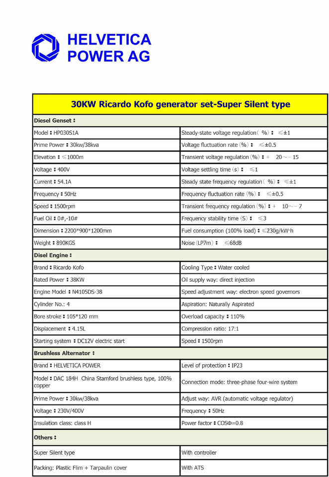 HELVETICA POWER HP030S1A 38KVA / 30KW Diesel Stromgenerator SuperSilent - Generaatorikomplekt: pilt 4 HELVETICA POWER HP030S1A 38KVA / 30KW Diesel Stromgenerator SuperSilent - Generaatorikomplekt: pilt 4