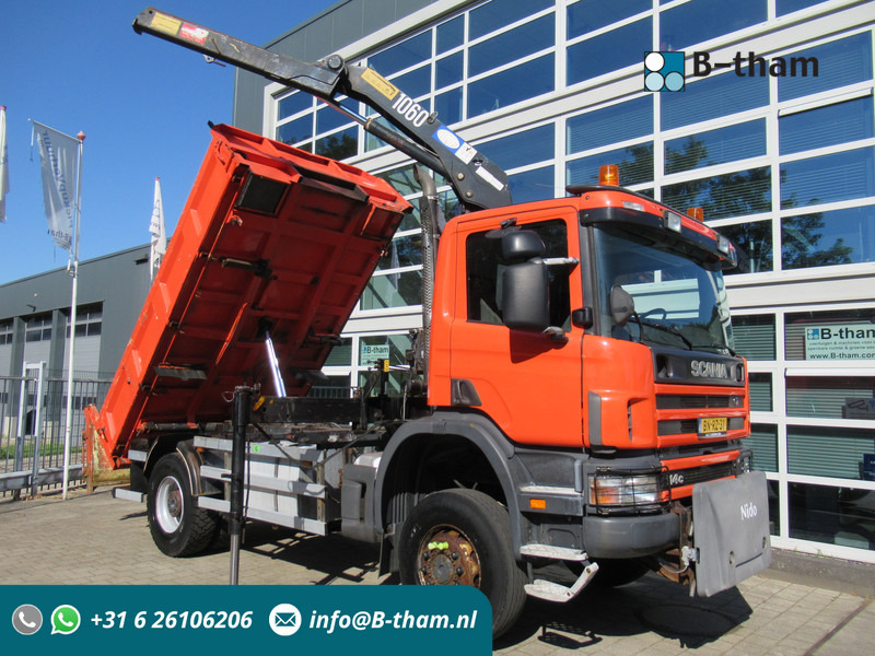 Scania P 114 CB 4x4 HZ 340 3-W. Tipper - 3-S. Kipper + HMF 1063 Crane Kran - Kallurauto, Kraanaga veoauto: pilt 1 Scania P 114 CB 4x4 HZ 340 3-W. Tipper - 3-S. Kipper + HMF 1063 Crane Kran - Kallurauto, Kraanaga veoauto: pilt 1