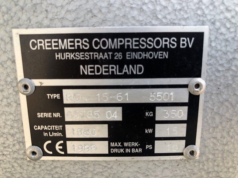 Creemers RCN 15-61 15 kW 1660 Liter/min 15 bar schroefcompressor - Õhukompressor: pilt 4 Creemers RCN 15-61 15 kW 1660 Liter/min 15 bar schroefcompressor - Õhukompressor: pilt 4