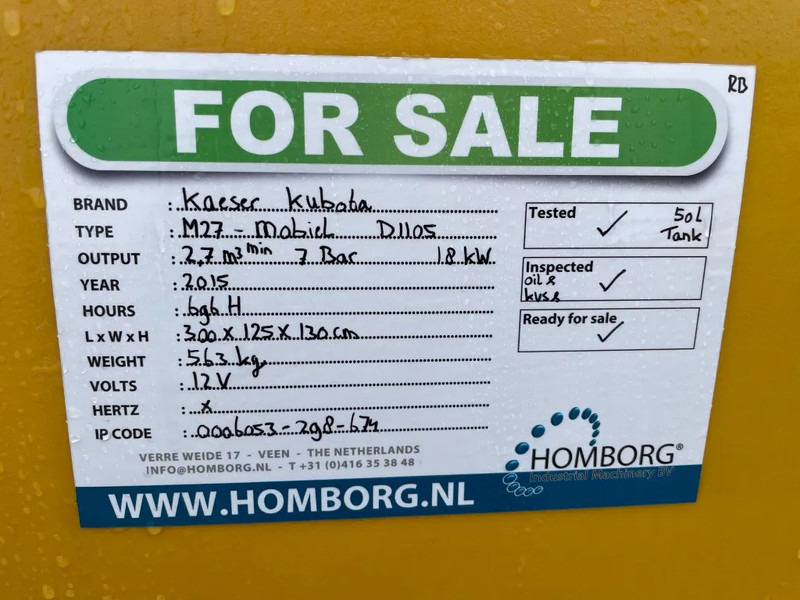 Õhukompressor Kaeser M27 Kubota 2,7 m3 / min 7 Bar 18 kW Mobiele Silent Diesel Compressor: pilt 17