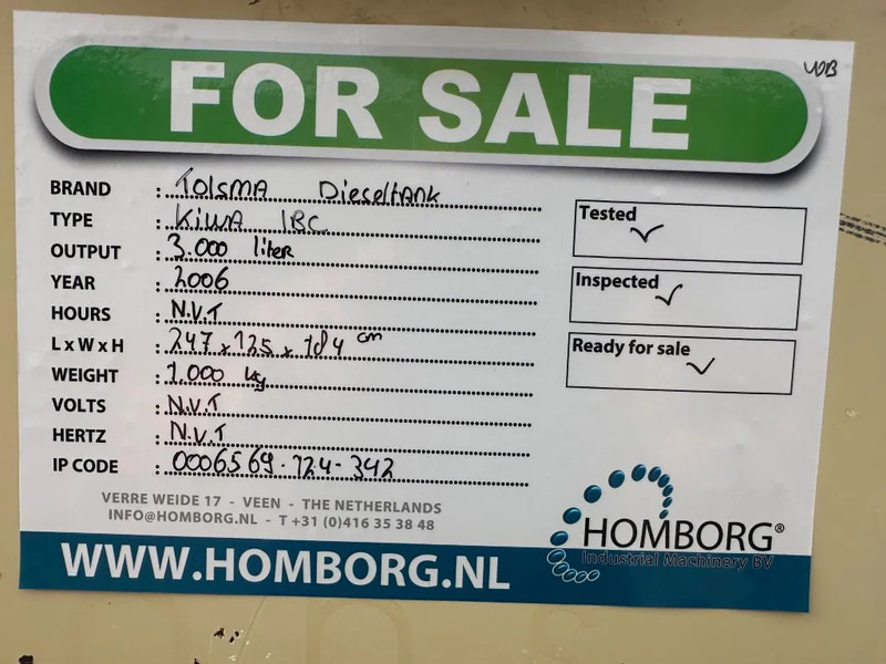 Säilitusmahuti Tolsma Kiwa IBC 3000 liter Dieseltank Milieutank: pilt 12 Säilitusmahuti Tolsma Kiwa IBC 3000 liter Dieseltank Milieutank: pilt 12