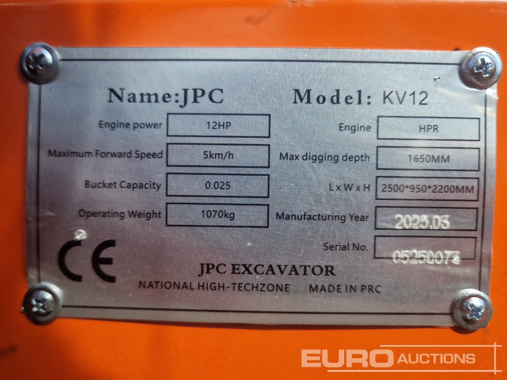Unused 2025 JPC KV12 - Miniekskavaator: pilt 1 Unused 2025 JPC KV12 - Miniekskavaator: pilt 1
