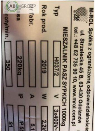 Mrol mieszalnik pasz sypkich H037/2 (1000 kg) - Loomakasvatusseadmed: pilt 1 Mrol mieszalnik pasz sypkich H037/2 (1000 kg) - Loomakasvatusseadmed: pilt 1